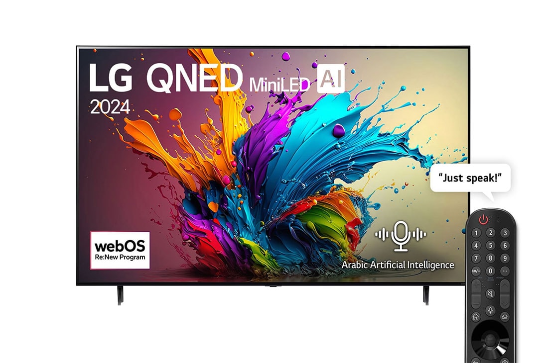 LG 65 Inch LG QNED MiniLED AI QNED90 4K Smart TV 2024, Front view of LG QNED TV, QNED90 with text of LG QNED MiniLED, 2024, and webOS Re:New Program logo on screen, 65QNED90T6A