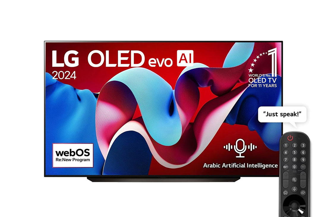 LG 83 Inch LG OLED evo AI C4 4K Smart TV AI Magic remote Dolby Vision webOS24 - OLED83C46LA (2024), Front view with LG OLED evo AI TV, OLED C4, 11 Years of world number 1 OLED Emblem and webOS Re:New Program logo on screen, OLED83C46LA