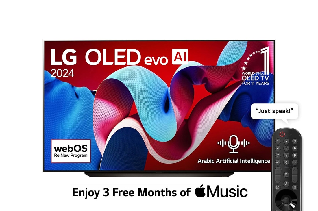 LG 83 Inch LG OLED evo AI C4 4K Smart TV AI Magic remote Dolby Vision webOS24 - OLED83C46LA (2024), Front view with LG OLED evo AI TV, OLED C4, 11 Years of world number 1 OLED Emblem and webOS Re:New Program logo on screen, OLED83C46LA