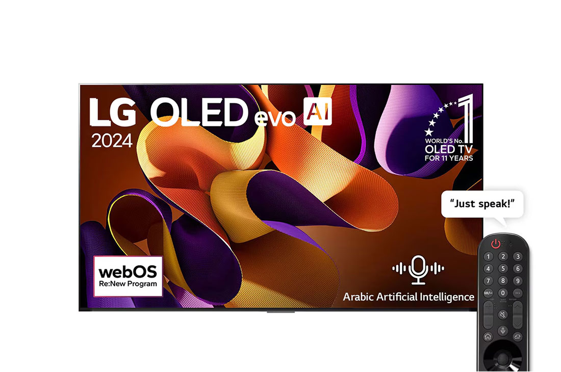 LG 97 Inch LG OLED evo AI G4 4K Smart TV AI Magic remote Dolby Vision webOS24 - OLED97G46LA (2024), Front view with LG OLED evo AI TV, OLED G4, 11 Years of world number 1 OLED Emblem, webOS Re:New Program logo, and 5-Year Panel Warranty logo on screen, OLED97G46LA