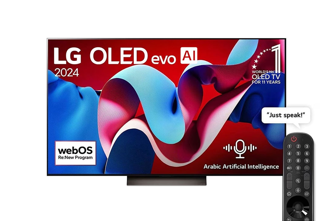 LG 77 Inch LG OLED evo AI C4 4K Smart TV AI Magic remote Dolby Vision webOS24 - OLED77C46LA (2024), Front view with LG OLED evo AI TV, OLED C4, 11 Years of world number 1 OLED Emblem logo and webOS Re:New Program logo on screen, OLED77C46LA