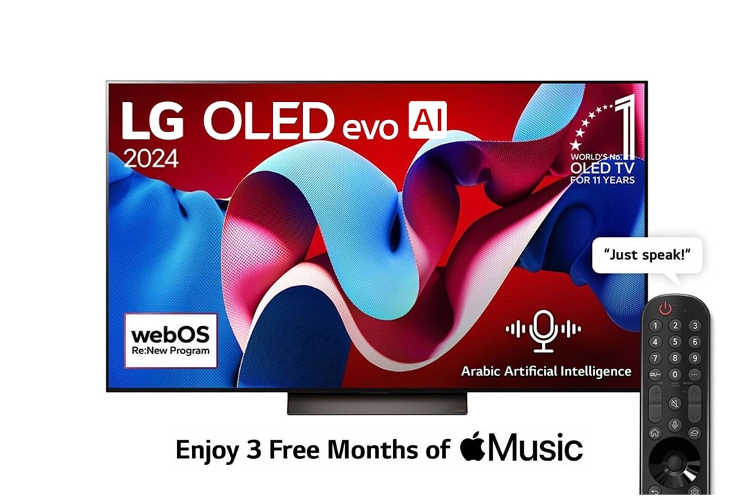 LG 77 Inch LG OLED evo AI C4 4K Smart TV AI Magic remote Dolby Vision webOS24 - OLED77C46LA (2024), Front view with LG OLED evo AI TV, OLED C4, 11 Years of world number 1 OLED Emblem logo and webOS Re:New Program logo on screen, OLED77C46LA