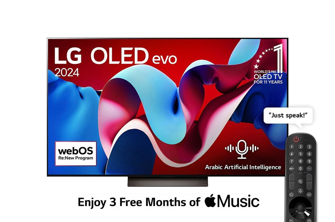 LG 77 Inch LG OLED evo C4 4K Smart TV AI Magic remote Dolby Vision webOS24 - OLED77C46LA (2024), Front view with LG OLED evo TV, OLED C4, 11 Years of world number 1 OLED Emblem logo and webOS Re:New Program logo on screen, OLED77C46LA