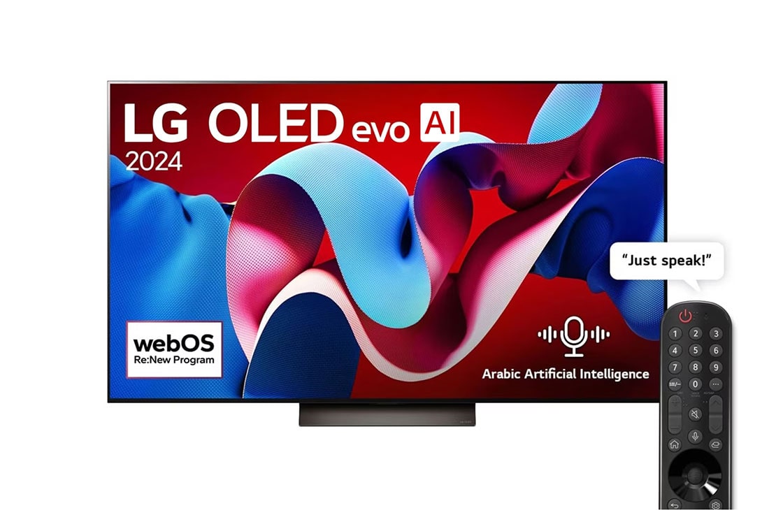 LG 65 Inch LG OLED evo AI C4 4K Smart TV AI Magic remote Dolby Vision webOS24 2024, Front view with LG OLED evo AI TV, OLED C4, 11 Years of world number 1 OLED Emblem logo and webOS Re:New Program logo on screen, OLED65C46LA