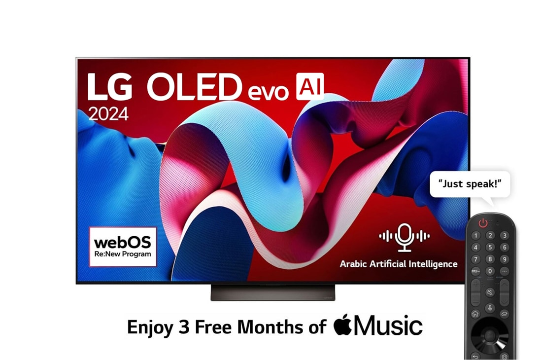 LG 65 Inch LG OLED evo AI C4 4K Smart TV AI Magic remote Dolby Vision webOS24 2024, Front view with LG OLED evo AI TV, OLED C4, 11 Years of world number 1 OLED Emblem logo and webOS Re:New Program logo on screen, OLED65C46LA