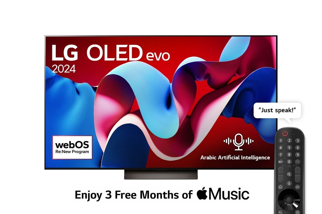 LG 65 Inch LG OLED evo C4 4K Smart TV AI Magic remote Dolby Vision webOS24 2024, Front view with LG OLED evo TV, OLED C4, 11 Years of world number 1 OLED Emblem and webOS Re:New Program logo on screen, OLED65C46LA