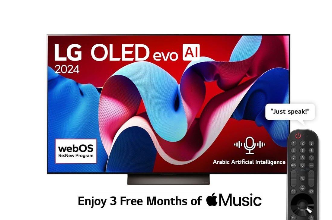 LG 55 Inch LG OLED evo AI C4 4K Smart TV AI Magic remote Dolby Vision webOS24 2024, Front view with LG OLED evo AI TV, OLED C4, 11 Years of world number 1 OLED Emblem logo and webOS Re:New Program logo on screen, OLED55C46LA