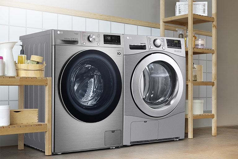 The Condensing Type Dryer is shown in a bathroom, with two side by side in a utility room, with two dryers stacked one on top of the other on a veranda, and with one in a living room closet. 