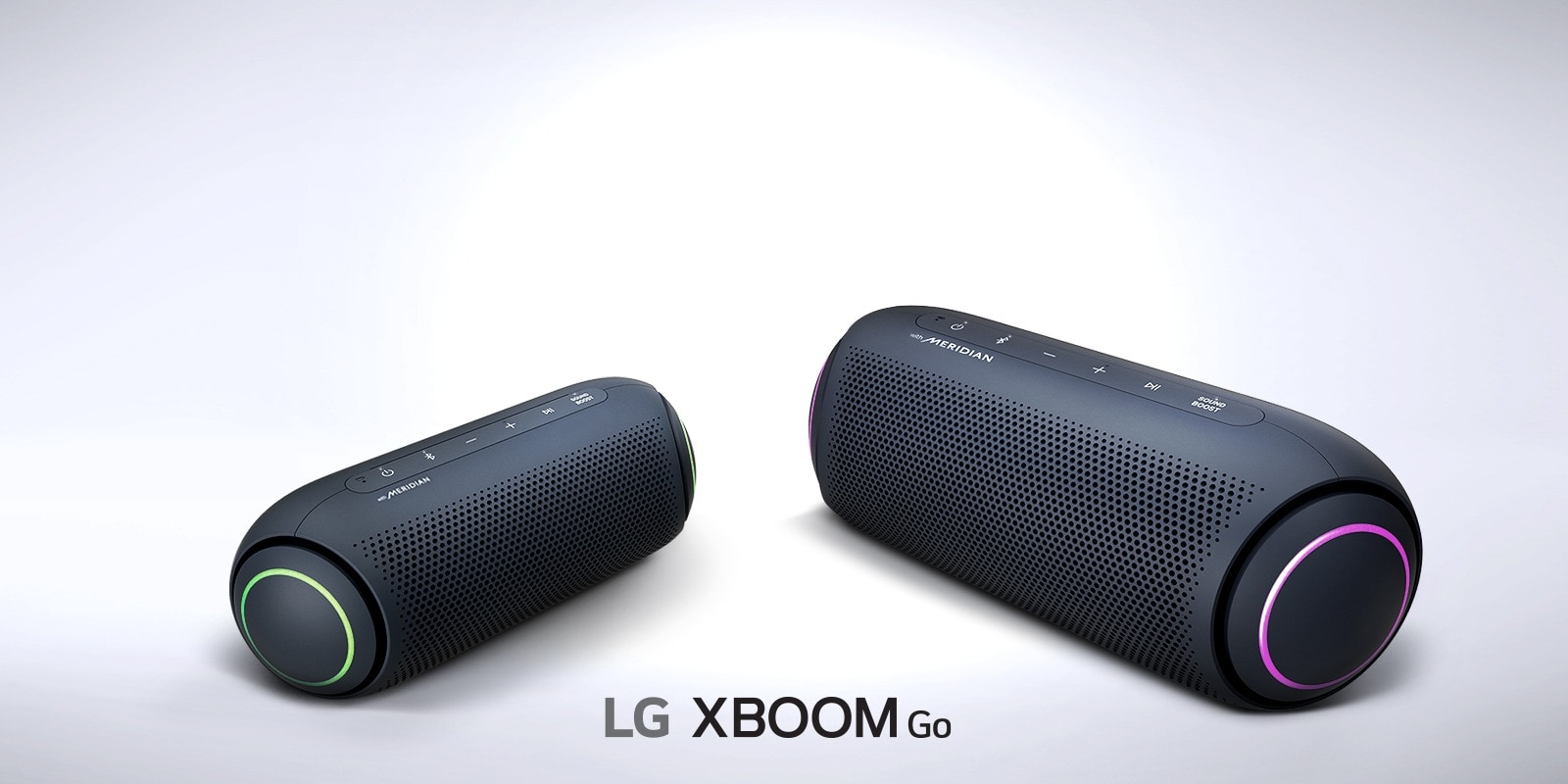 LG XBOOM Go PL7 and PL5 are facing each other. The XBOOM Go logo is located below.