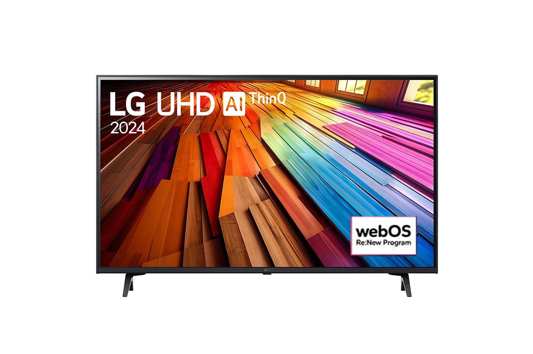 LG 50 Inch LG UHD UT80 4K Smart TV 2024, Front view of LG UHD TV, UT80 with text of LG UHD AI ThinQ, 2024, and webOS Re:New Program logo on screen, 50UT8050PSB