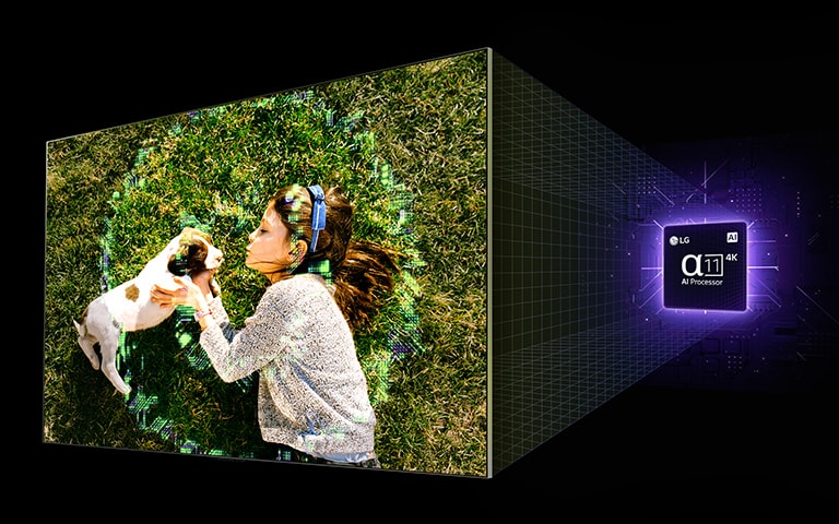 Juodame fone kampu pakibęs LG DI TV rodo mergaitės su šunimi atvaizdą, o už jo kabo alfa 11 DI „Processor“ 4K grafika, apšviesta violetine neonine šviesa. Iš mikroschemų rinkinio į TV projektuojamos tinklelio linijos, o TV ekrane atsiranda bangavimo efektas, nes vaizdas ekrane tampa ryškesnis. Mikroschemų rinkinys ir televizorius tampa vienu, pasukite į priekį, o LG „Magic Remote“ pasirodo apačioje centre. Ekrano vaizdas sumažėja, o nuotolinio valdymo pultelis „Magic Remote“ slenka per meniu „Top Picks For You“. Rodomi logotipai: „LG Channels“, „Netflix“, „Prime Video“, „Disney+“, „Apple TV“, „YouTube“, „Spotify“, „Twitch“, „GeForce Now“ ir „Udemy“.