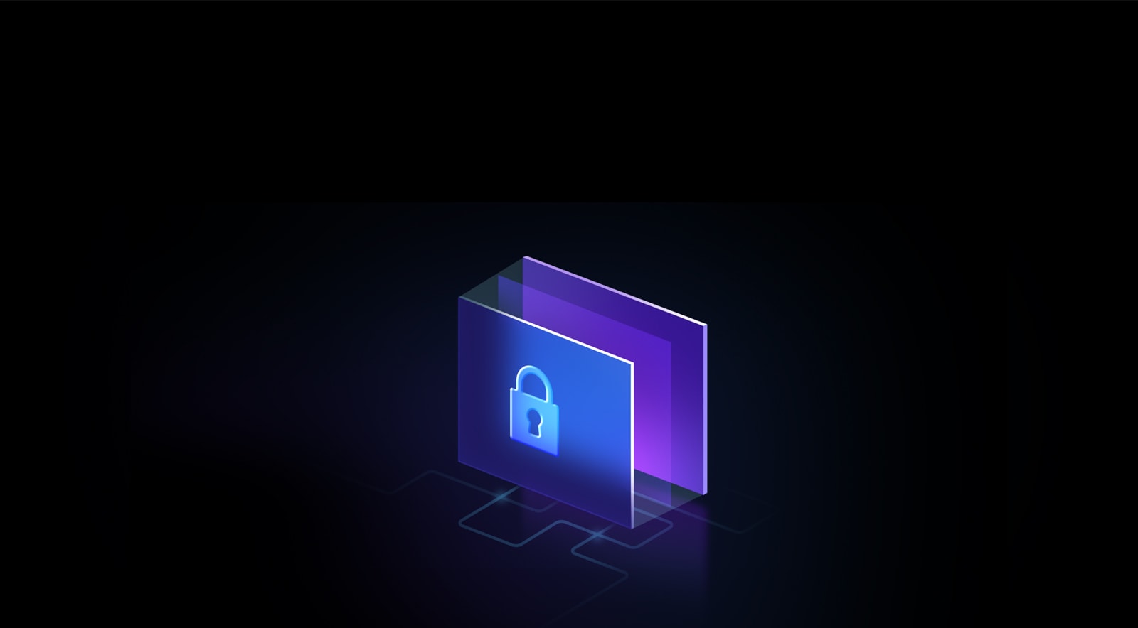 Neoninė grafika juodame fone. „Network Encryption“ rodoma neoninė dokumentų spinta su pakabinama spyna.