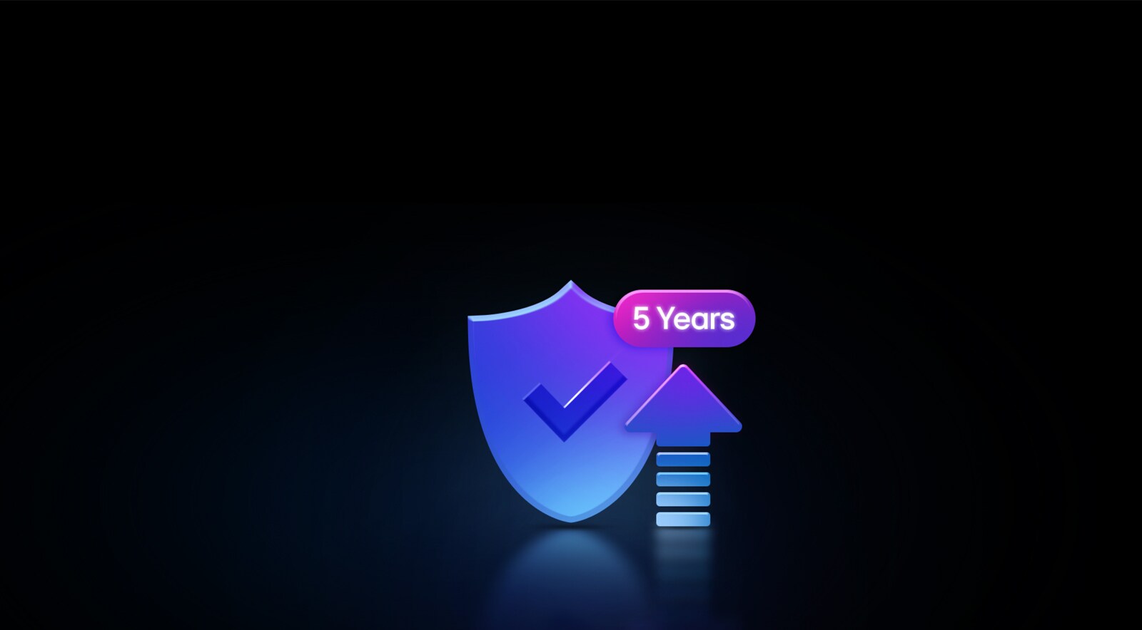 Neoninė grafika juodame fone. Nepertraukiama 5 metų apsauga rodo varnelę skydo grafike, rodyklę, nukreiptą į viršų, ir burbuliuką su tekstu „5 Years“.