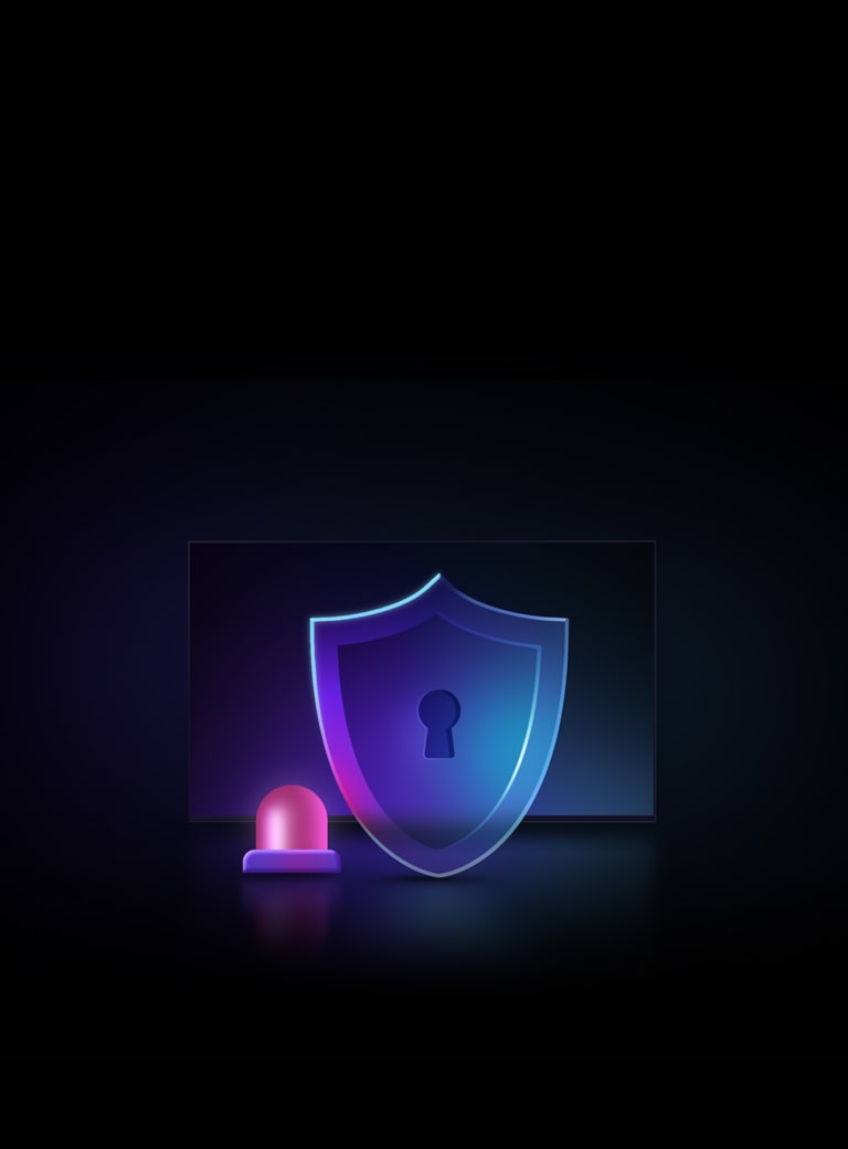 Neoninė grafika juodame fone. „Install Protection“ rodo neoninį skydą šalia mažos neoninės sirenos.