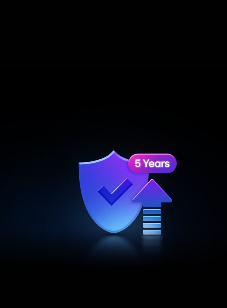 Neoninė grafika juodame fone. Nepertraukiama 5 metų apsauga rodo varnelę skydo grafike, rodyklę, nukreiptą į viršų, ir burbuliuką su tekstu „5 Years“.