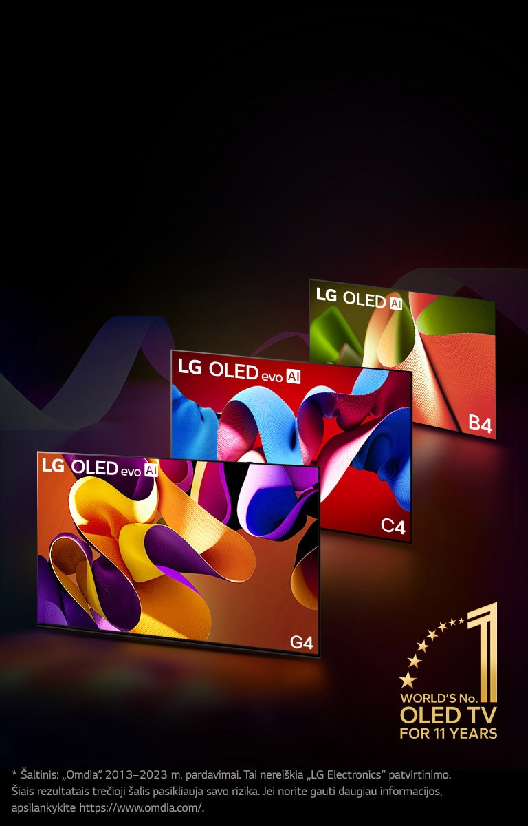 LG OLED evo TV C4, evo G4 ir B4 vienoje eilėje, juodame fone su subtiliais spalvų sūkuriais. Pavaizduota „World’s number 1 OLED TV for 11 Years“ emblema.  Atsakomybės atsisakymo tekstas: Šaltinis: „Omdia“. 2013–2023 m. pardavimai. Tai nereiškia „LG Electronics“ patvirtinimo. Šiais rezultatais trečioji šalis pasikliauja savo rizika. Jei norite gauti daugiau informacijos, apsilankykite https://www.omdia.com/.“