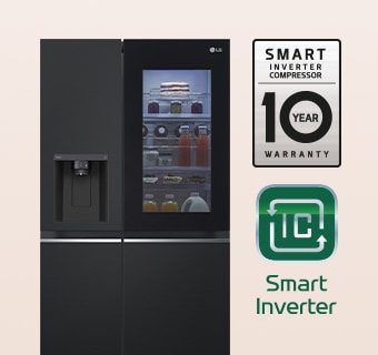 10 metų garantija dešinėje šaldytuvo pusėje, „smart inverter“ logotipas