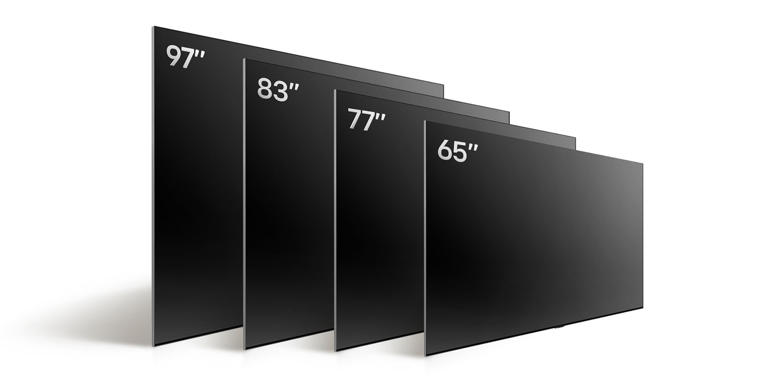 Lyginami įvairių dydžių LG OLED TV, OLED evo M4: matomas OLED evo M4 83 in, OLED evo M4 77 in, OLED evo M4 65 in, ir LG SIGNATURE OLED m4 97 in.