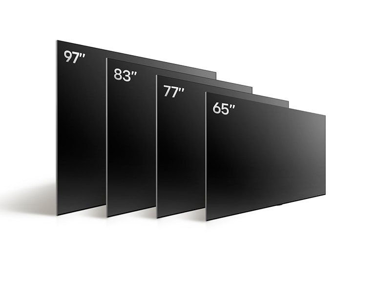 Lyginami įvairių dydžių LG OLED TV, OLED evo M4: matomas OLED evo M4 83 in, OLED evo M4 77 in, OLED evo M4 65 in, ir LG SIGNATURE OLED m4 97 in.