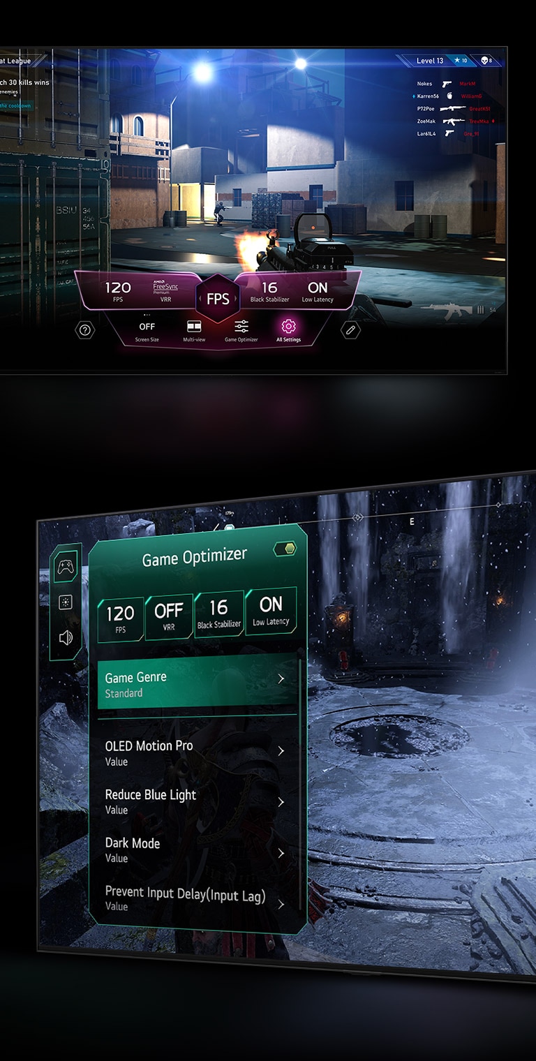 FPS žaidimo scena, kurioje žaidimo metu virš ekrano rodomas žaidimo valdymo skydelis. Tamsi žiemiška žaidimo scena su „Game Optimizer“ meniu. 