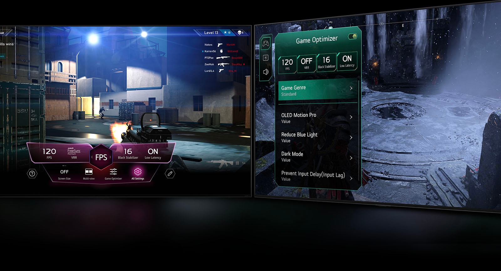 FPS žaidimo scena ir žaidimo valdymo skydelis „Game Dashboard“. Tamsi žiemos scena ir žaidimo optimizavimo skydelis „Game Optimizer“. 