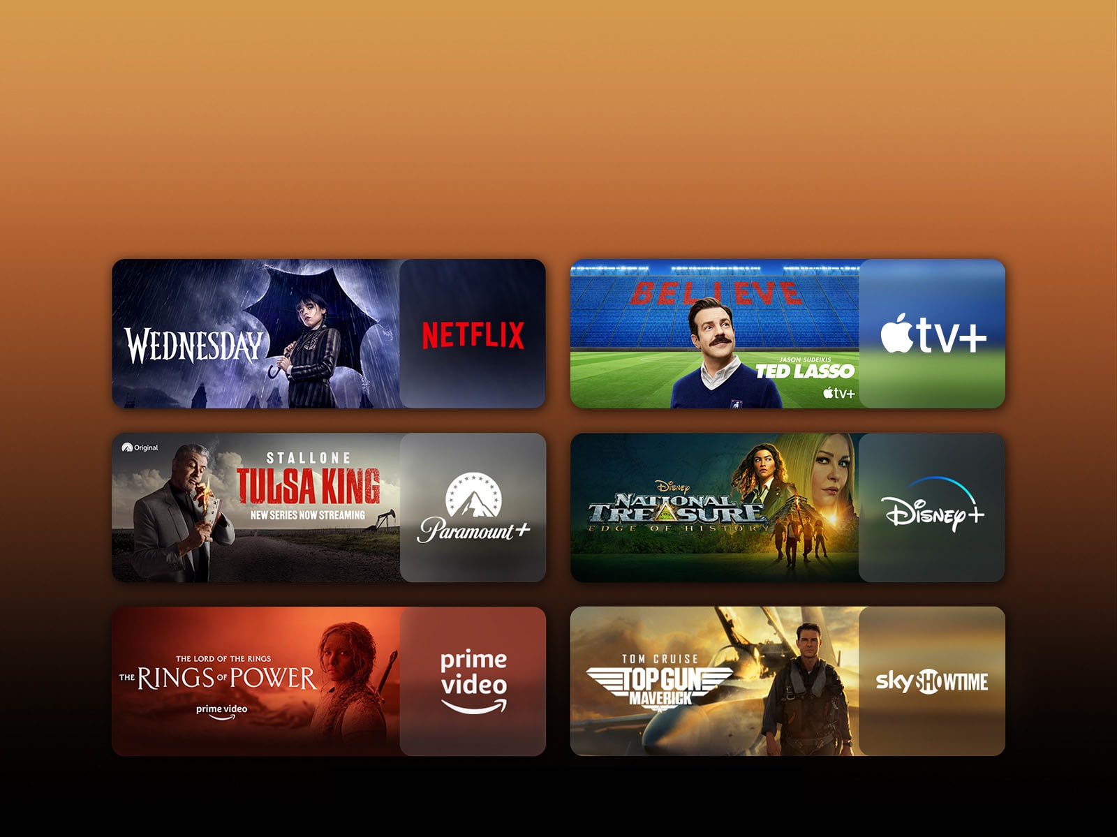 Rodomi srautinio siuntimo paslaugų platformų logotipai, prie kiekvieno logotipo – atitinkama vaizdo medžiaga. Pateikiami „Netflix“ serialo „Wednesday“, „Apple TV“ serialo TED LASSO, „Paramount+“ serialo „Tulsa King“, „Disney Plus“ laidos „National Treasure“, PRIME VIDEO serialo „The Rings of Power“, „Sky Showtime“ filmo TOP GUN ir LG CHANNELS leopardo vaizdai.