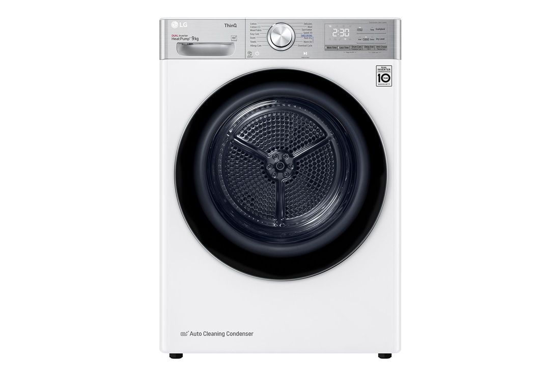 LG džiovyklė 9kg | RH9 serijos | A+++ | Baltas | DUAL Inverter Heat Pump | WiFi | Auto Cleaning Condenser | Smart Pairing | RH90V9AV2QR , Priekis, RH90V9AV2QR