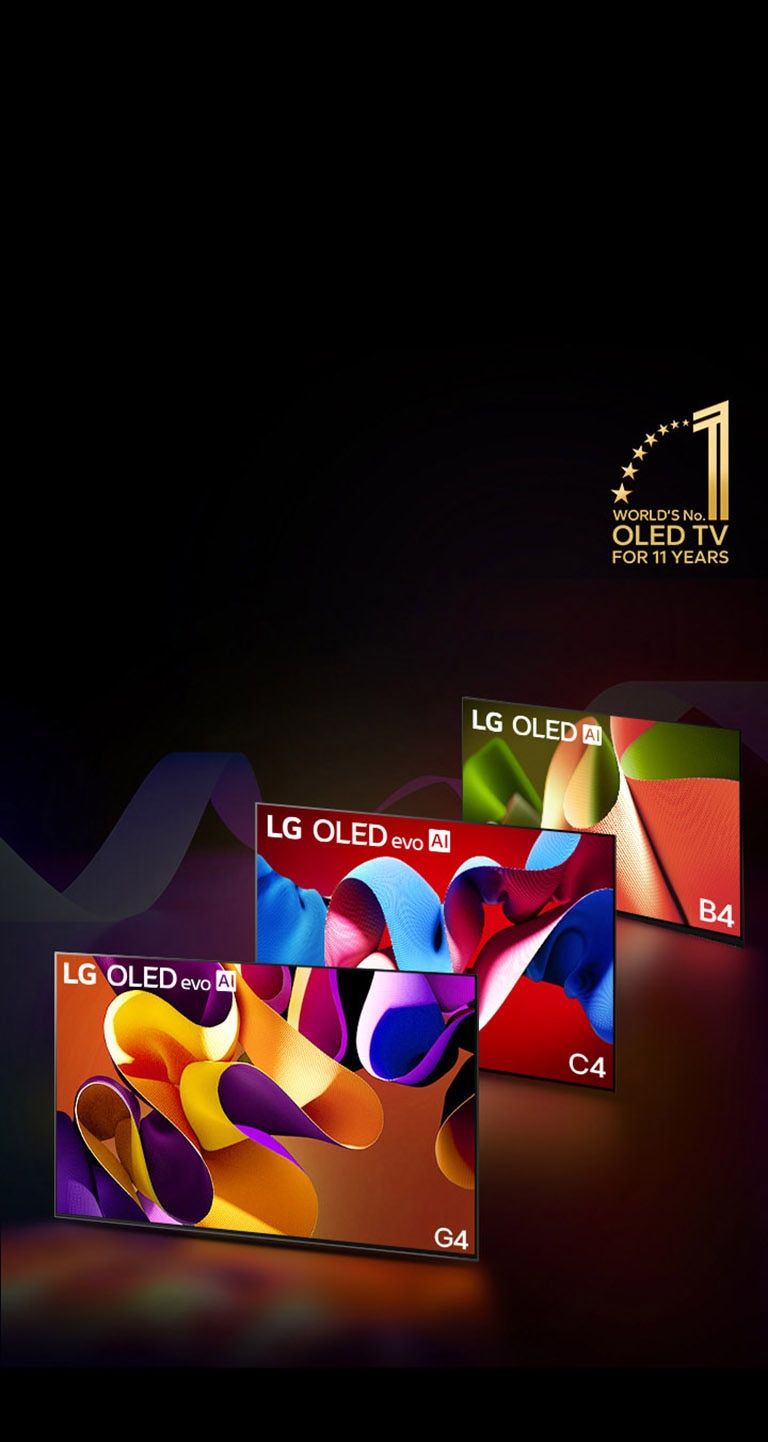 PC: LG OLED evo G4, LG OLED evo C4 ir LG OLED B4 greta vienas kito, rodantys skirtingus spalvotus abstrakčius meno kūrinius. Nuo kiekvieno televizoriaus šviesa sklinda ant grindų. Viršutiniame dešiniajame kampe – 11 metų pasaulyje pirmaujančio OLED televizoriaus auksinė emblema.  MO: LG OLED evo G4, LG OLED evo C4 ir LG OLED B4 eilėje, rodantys skirtingus spalvotus abstrakčius meno kūrinius. Nuo kiekvieno televizoriaus šviesa sklinda ant grindų. Viršutiniame dešiniajame kampe – 11 metų pasaulyje pirmaujančio OLED televizoriaus auksinė emblema.