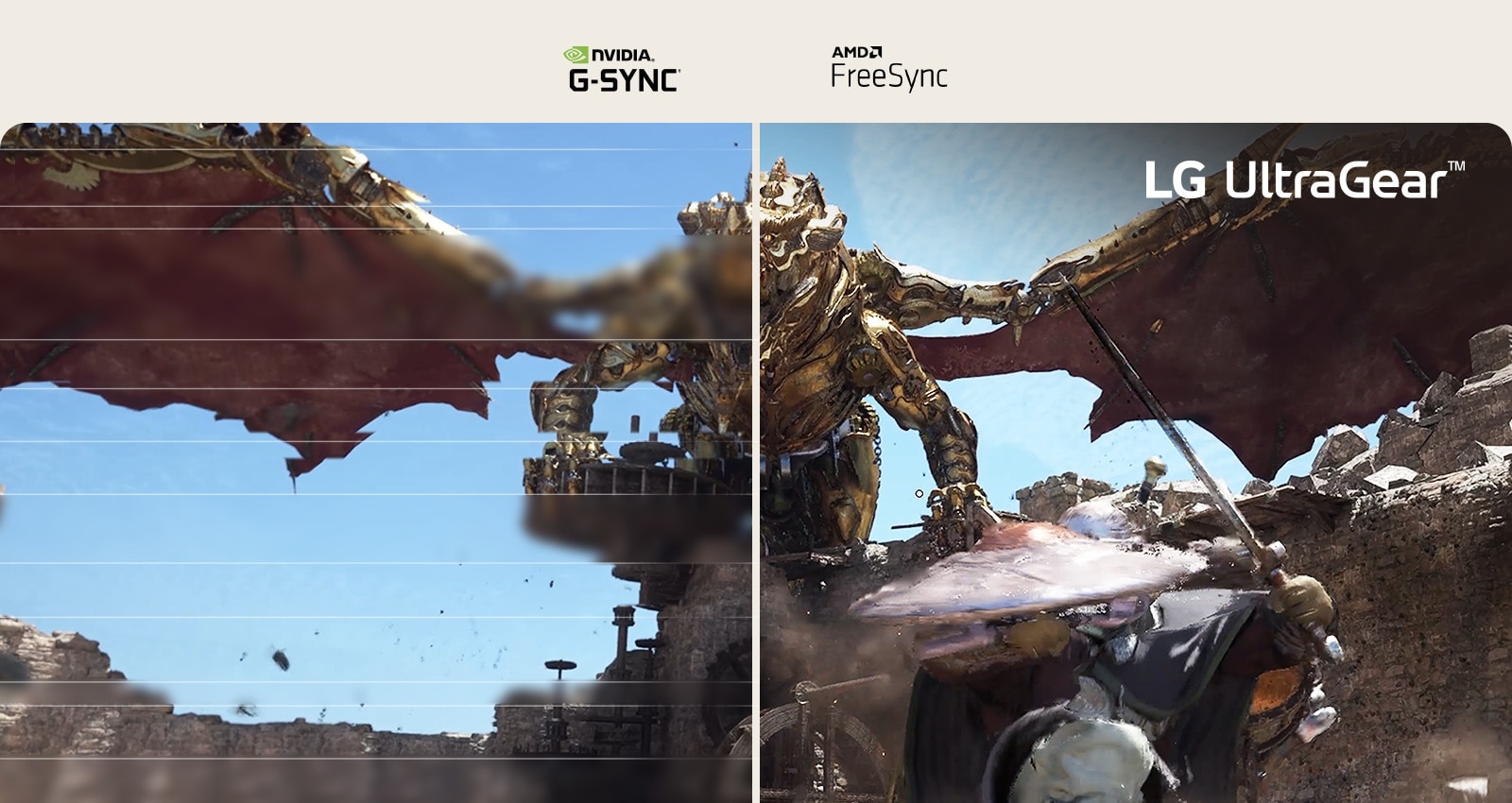 Comparison of fluid gaming image - The left image is tearing, and the Right image is tear-free.