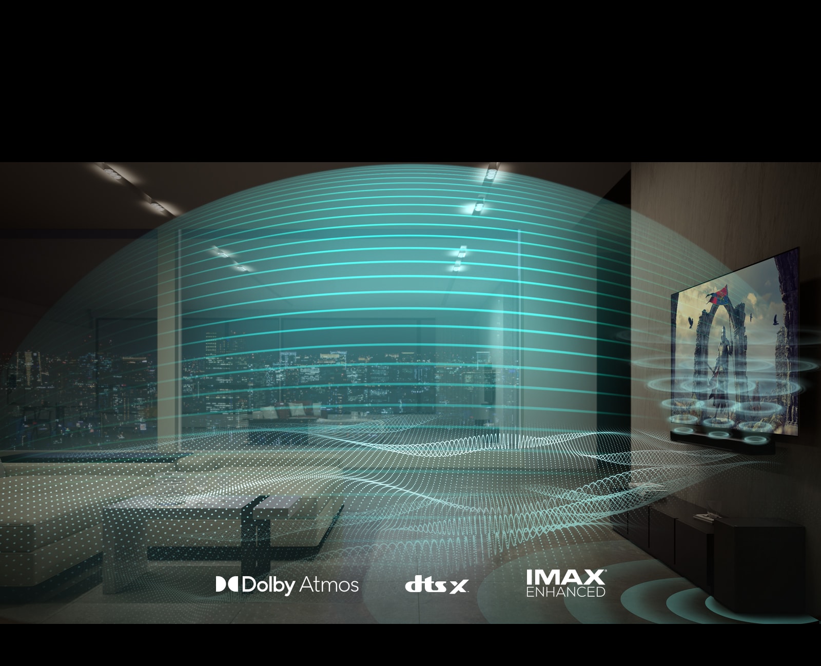 Iš horizontaliojo garsiakalbio („sound bar“) ir televizoriaus į visą kambarį sklinda įvairios mėlynos spalvos garso bangos.