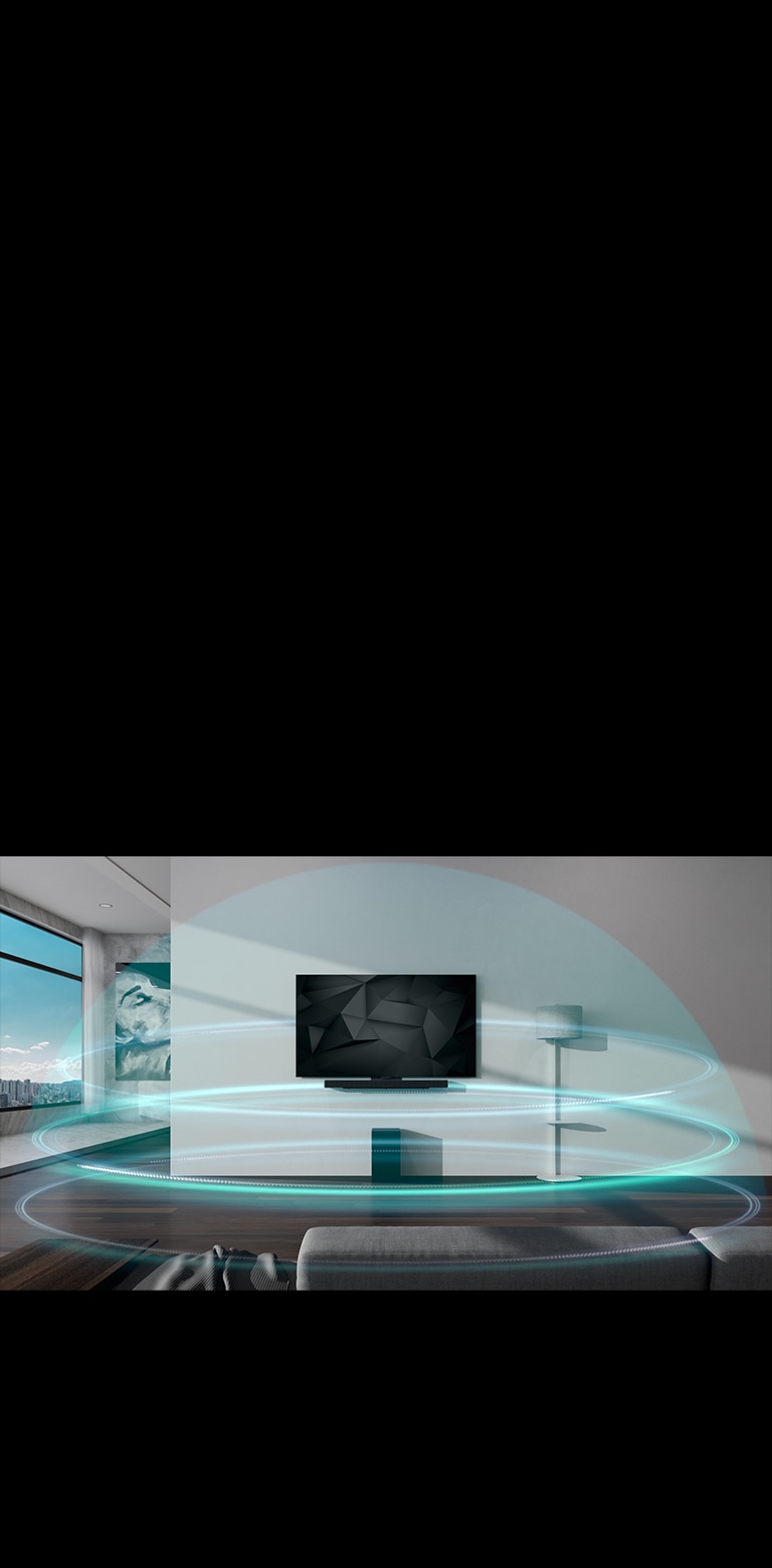 Mėlynos kupolo formos, 3 sluoksnių garso bangos dengia horizontalųjį garsiakalbį („sound bar“) ir televizorių, pakabintą ant svetainės sienos.