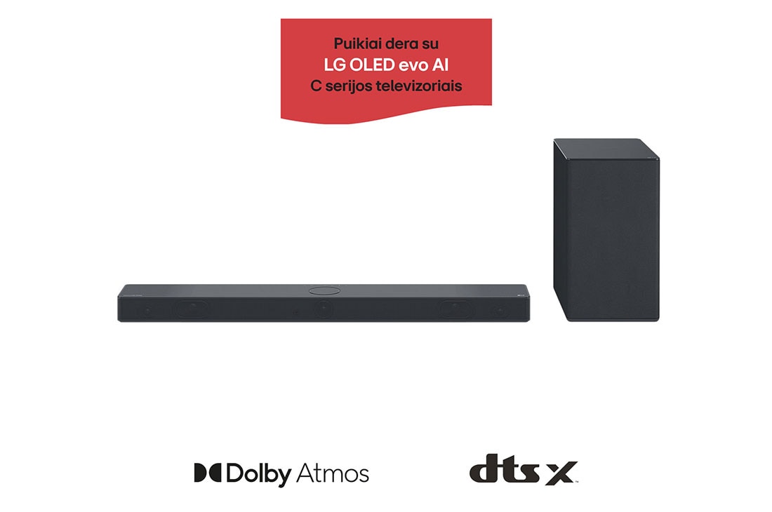 LG Soundbar SC9S, Horizontaliojo garsiakalbio („sound bar“) ir žemų dažnių garsiakalbio vaizdas iš priekio, SC9S