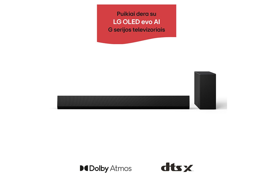 LG 420W, 3.1 kanalų LG „Soundbar“ garso sistema SG10TY su „Dolby Atmos“, puikiai dera su LG OLED evo AI G serijos TV, LG „Soundbar“ SG10TY ir žemųjų dažnių garsiakalbio vaizdas iš priekio, SG10TY