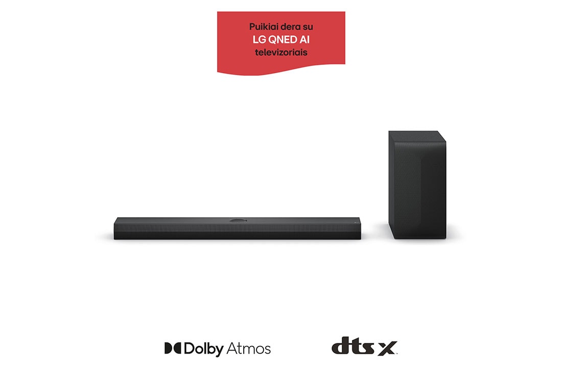 LG 400W, 3.1.1 kanalų LG „Soundbar“ garso sistema S70TY su „Dolby Atmos“, puikiai dera su LG QNED AI TV, LG „Soundbar“ S70TY ir žemųjų dažnių garsiakalbio vaizdas iš priekio, S70TY