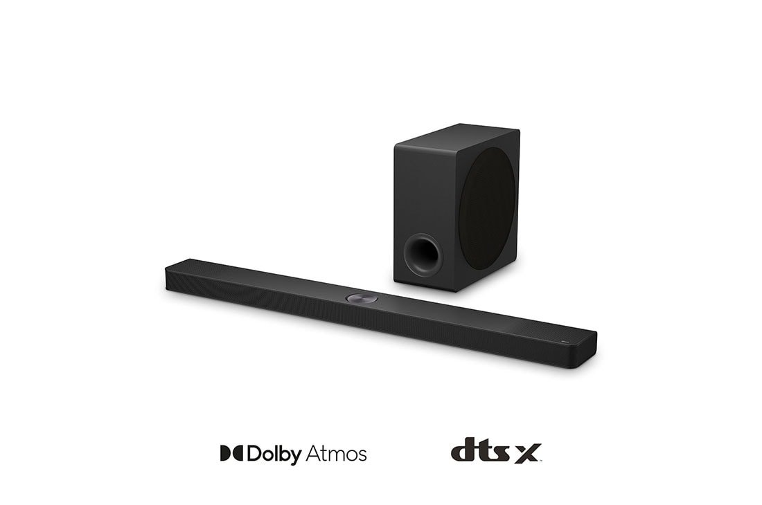 LG 570W, 5.1.3 kanalų LG „Soundbar“ garso sistema S90TY su „Dolby Atmos“, LG „Soundbar“ S90TY ir žemųjų dažnių garsiakalbio vaizdas kampu, S90TY