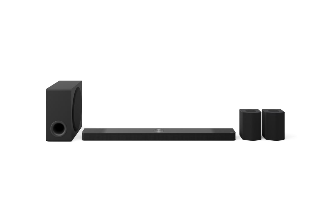 LG „Soundbar“ garso sistema S95TR su „Dolby Atmos“ ir 9.1.5 kanalais, LG „Soundbar“, žemų dažnių ir galinių garsiakalbių vaizdas iš priekio, S95TR