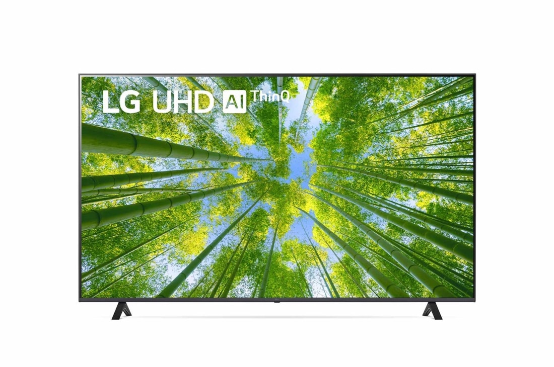 LG 86 colių UHD 4K televizorius  86UQ8000, LG UHD televizoriaus vaizdas iš priekio su papildomu vaizdu ir gaminio logotipu, 86UQ80003LB