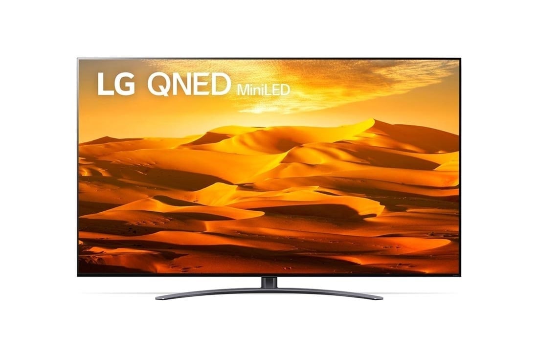 LG 65 colių QNED  televizorius, LG QNED televizoriaus vaizdas iš priekio su papildomu vaizdu ir gaminio logotipu, 65QNED913QE
