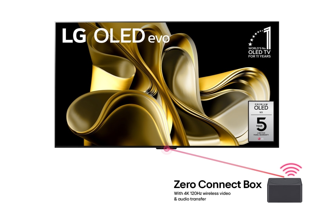 LG 77 colių LG OLED evo M3 4K išmanusis televizorius su bevieliu vaizdo ir garso perdavimu, Rodomas „LG OLED M3“ vaizdas iš priekio, po apačia matomas „Zero Connect Box“, vaizduojama 10 metų pasaulyje pirmaujančio OLED televizoriaus emblema, „LG OLED evo“ ir ekrane rodomas 5 metų ekrano gara, OLED77M39LA