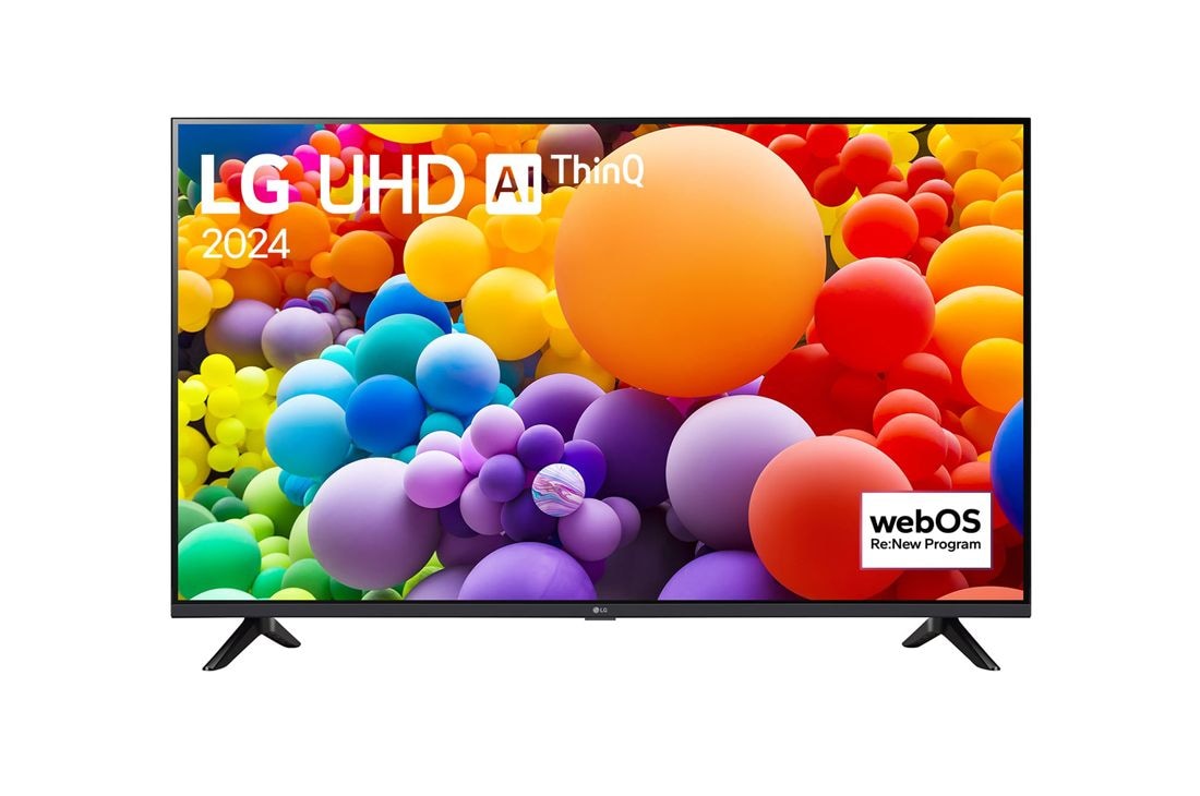 LG 43 colių LG UHD UT73 4K išmanusis TV 2024, LG UHD TV vaizdas iš priekio, UT73 su tekstu LG UHD AI ThinQ, 2024, ir „webOS Re:New Program“ logotipas ekrane, 43UT73003LA