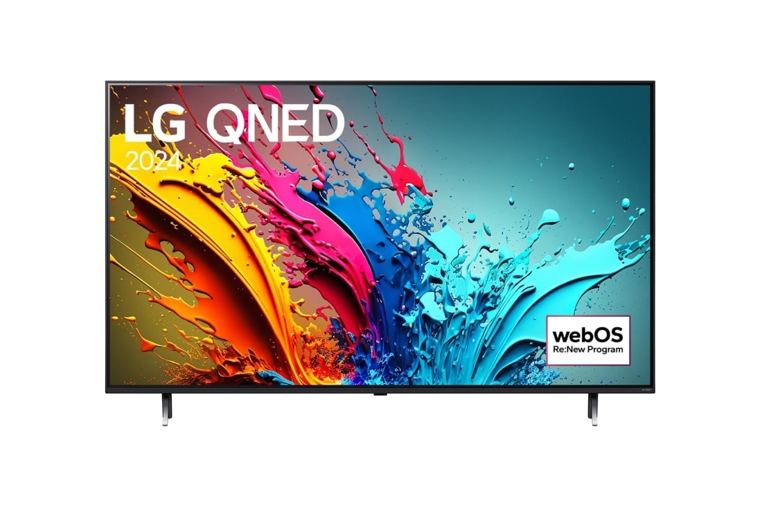 LG 65 colių LG QNED QNED87 4K išmanusis TV 2024, LG QNED TV vaizdas iš priekio, QNED87 su tekstu LG QNED, 2024, ir „webOS Re:New Program“ logotipas ekrane, 65QNED87T3B