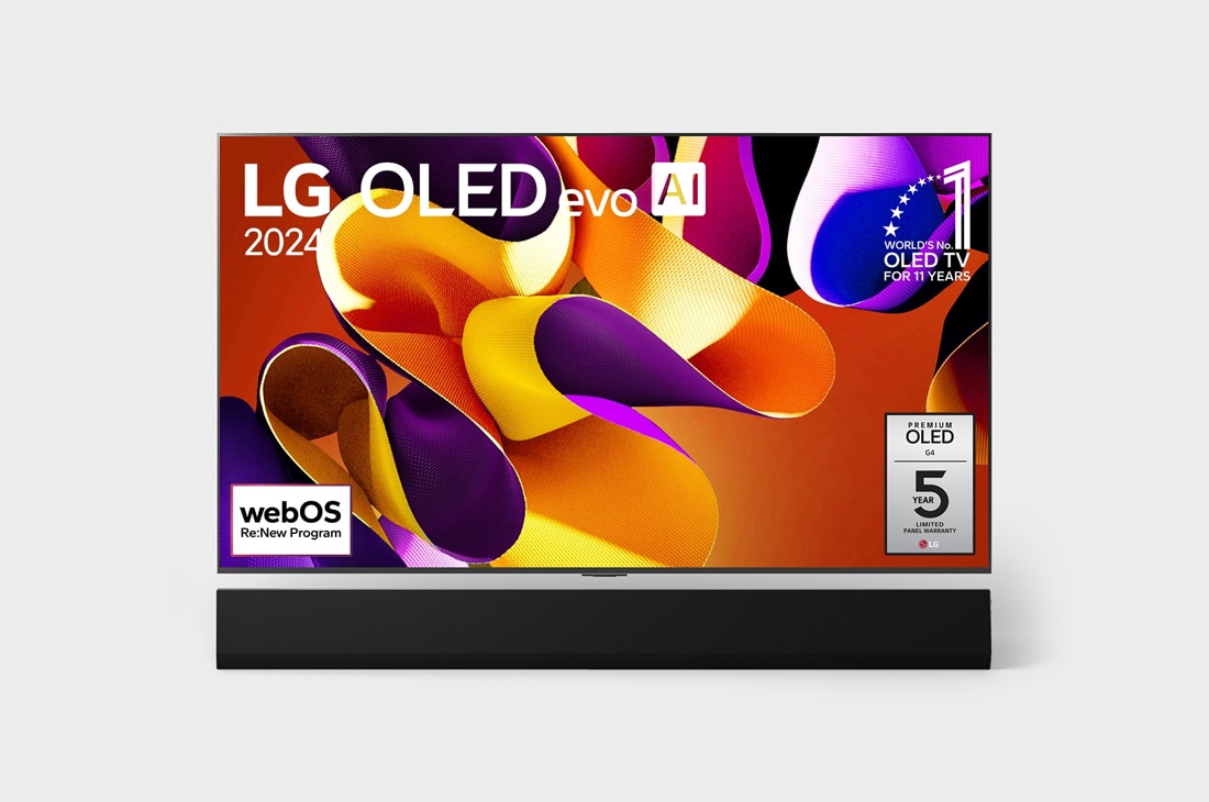 LG 65 colių LG OLED evo AI G4 4K išmanusis televizorius OLED65G4, Vaizdas iš priekio su LG OLED evo TV, OLED G4, emblema „11 Years of world number 1 OLED“, logotipu „webOS Re:New Program“, „5-Year Panel Warranty“ logotipu ekrane, taip pat žemiau esančia Soundbar, OLED65G42LW