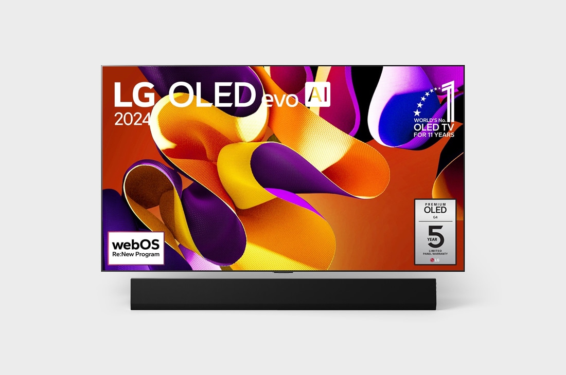 LG 77 colių LG OLED evo AI G4 4K išmanusis televizorius OLED77G4, Vaizdas iš priekio su LG OLED evo TV, OLED G4, emblema „11 Years of world number 1 OLED“, logotipu „webOS Re:New Program“, „5-Year Panel Warranty“ logotipu ekrane, taip pat žemiau esančia Soundbar, OLED77G42LW