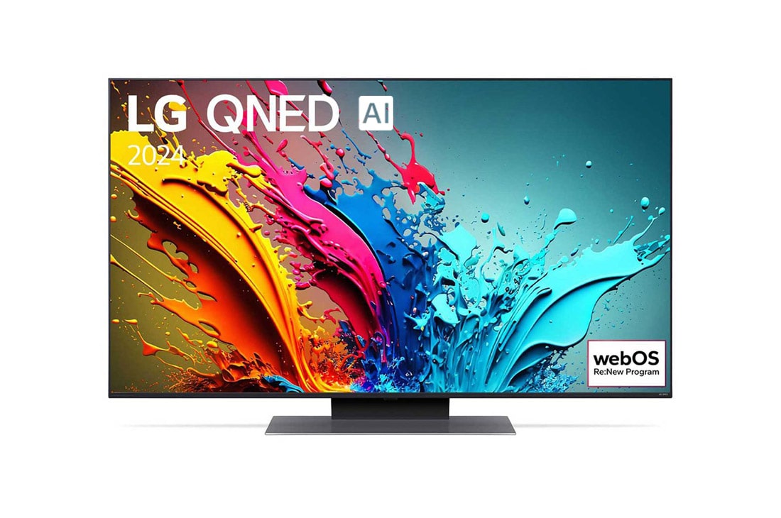 LG 50 colių LG QNED AI 4K išmanusis TV QNED86 WebOS24 2024, LG QNED TV vaizdas iš priekio, QNED85 su tekstu LG QNED, 2024, ir „webOS Re:New Program“ logotipas ekrane, 50QNED86T3A