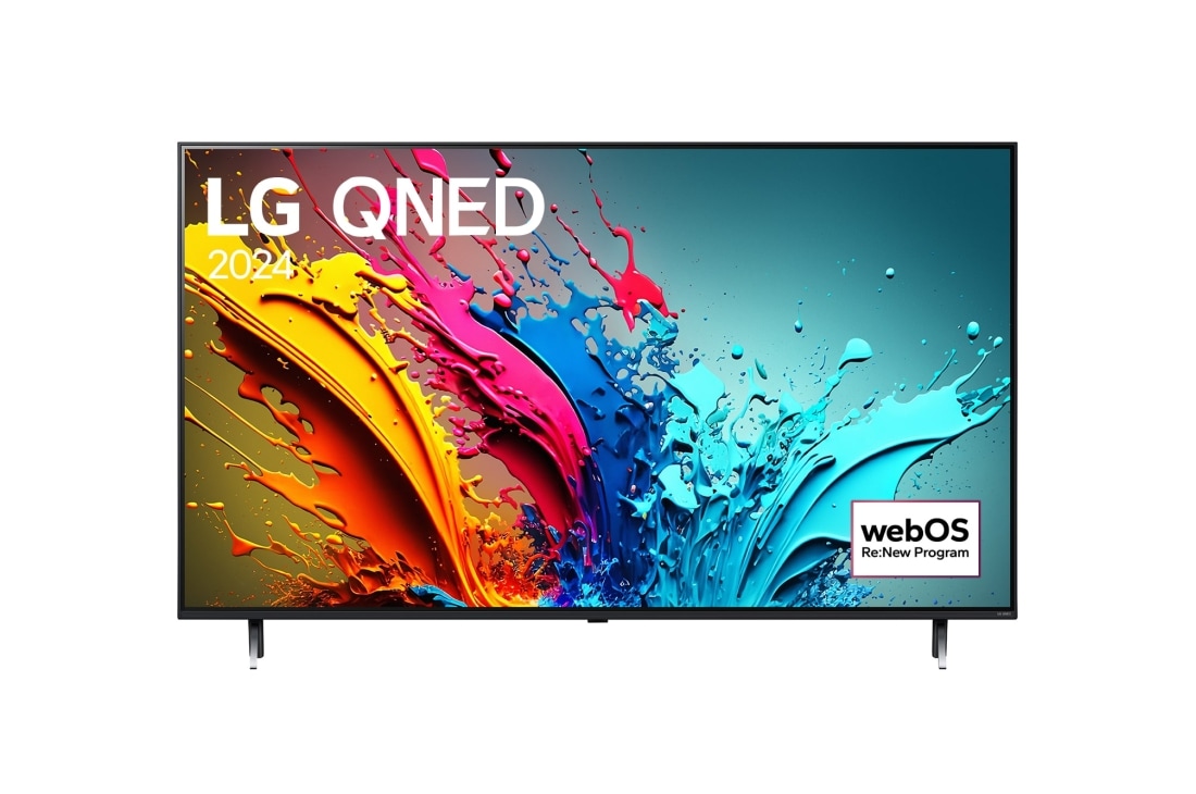 LG 50 colių LG QNED QNED87 4K išmanusis TV 2024, LG QNED TV vaizdas iš priekio, QNED85 su tekstu LG QNED, 2024, ir „webOS Re:New Program“ logotipas ekrane, 50QNED87T3B