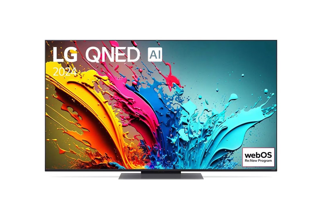 LG 55 colių LG QNED AI 4K išmanusis TV QNED86 WebOS24 2024, LG QNED TV vaizdas iš priekio, QNED85 su tekstu LG QNED, 2024, ir „webOS Re:New Program“ logotipas ekrane, 55QNED86T3A