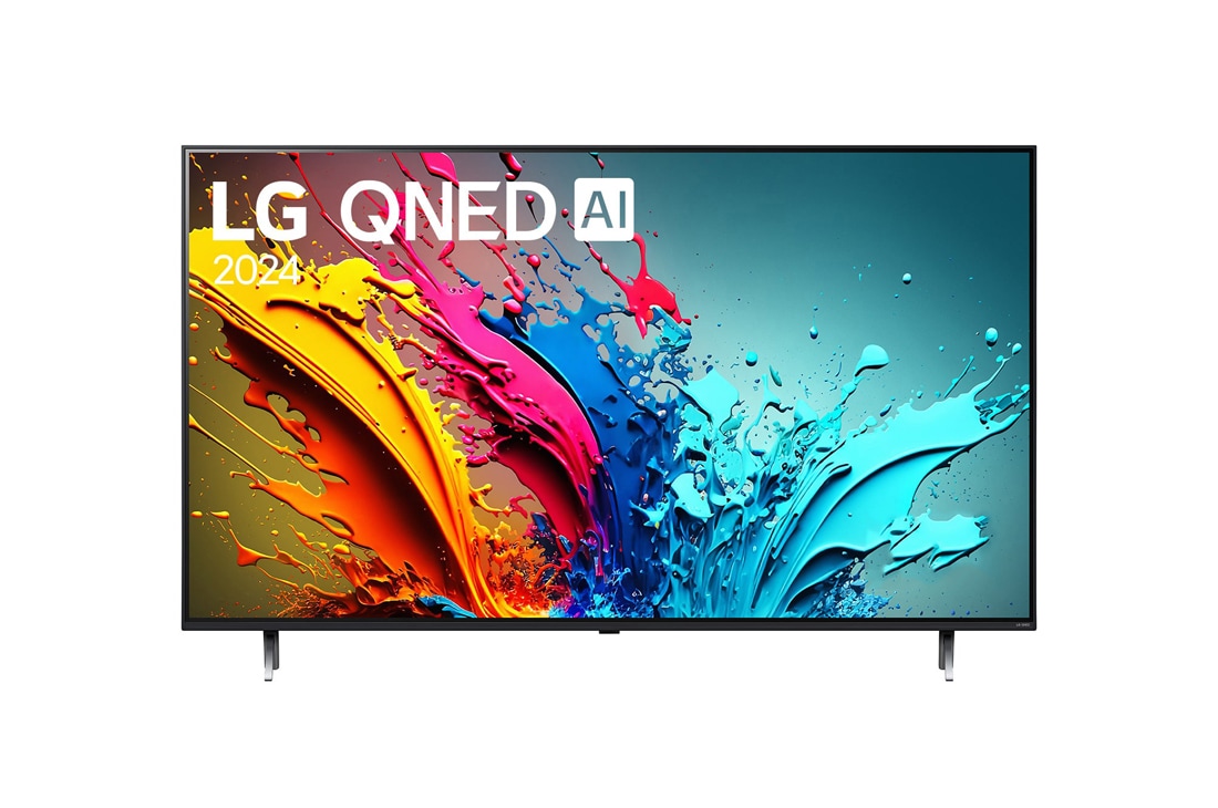 LG 75 colių LG QNED AI 4K išmanusis TV QNED87 WebOS24 2024, LG QNED TV vaizdas iš priekio, QNED85 su tekstu LG QNED, 2024, ir „webOS Re:New Program“ logotipas ekrane, 75QNED87T3B