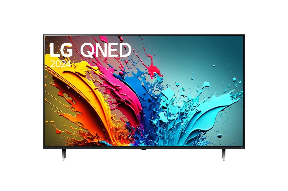 LG 75 colių LG QNED QNED87 4K išmanusis TV 2024, LG QNED TV vaizdas iš priekio, QNED85 su tekstu LG QNED, 2024, ir „webOS Re:New Program“ logotipas ekrane, 75QNED87T3B