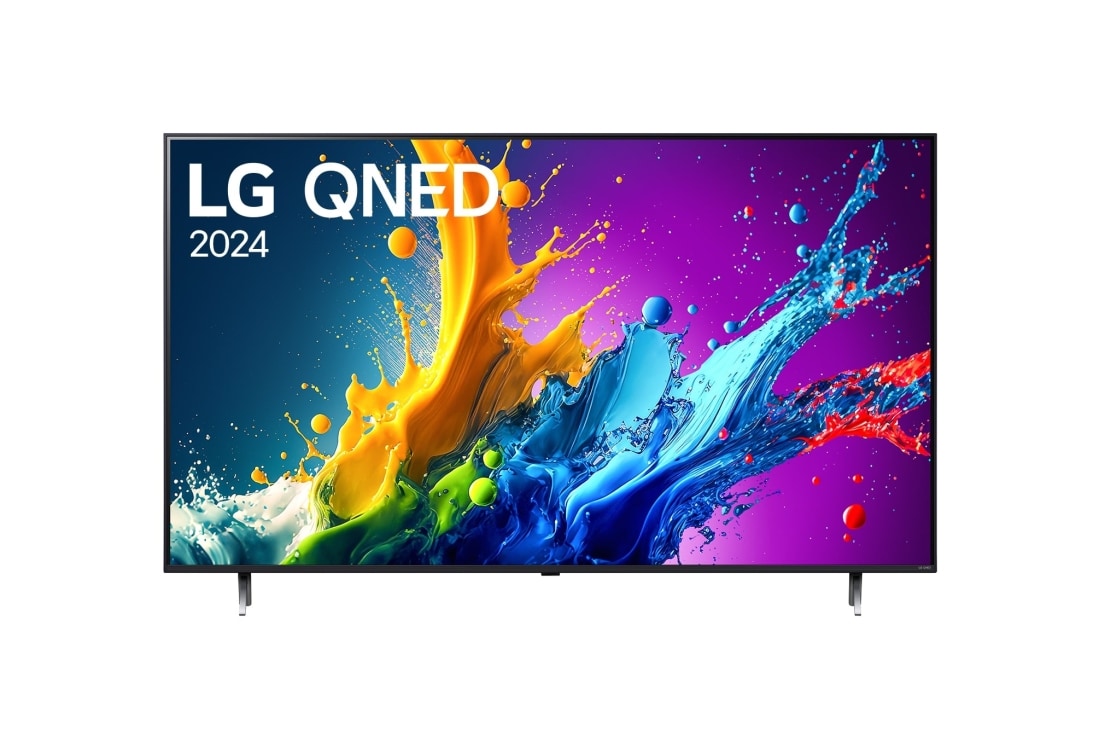 LG 86 colių LG QNED QNED80 4K išmanusis TV 2024, LG QNED TV vaizdas iš priekio, QNED80 su tekstu LG QNED, 2024, ir „webOS Re:New Program“ logotipas ekrane, 86QNED80T3A