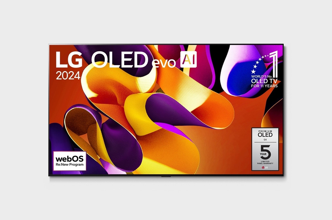 LG 55 colių LG OLED evo AI G4 4K išmanusis TV OLED55G4 WebOS24 2024, Vaizdas iš priekio su LG OLED evo TV, OLED G4, emblema „11 Years of world number 1 OLED, logotipu „webOS Re:New Program“ ir „5-Year Panel Warranty“ logotipu ekrane, OLED55G42LW